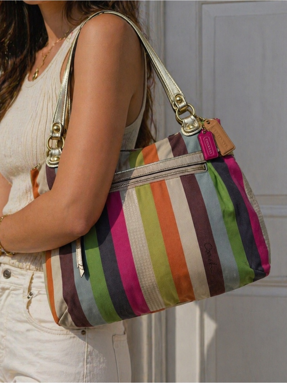 Coach Women’s 19021 Poppy Legacy Stripe Glam Large Preppy Tote